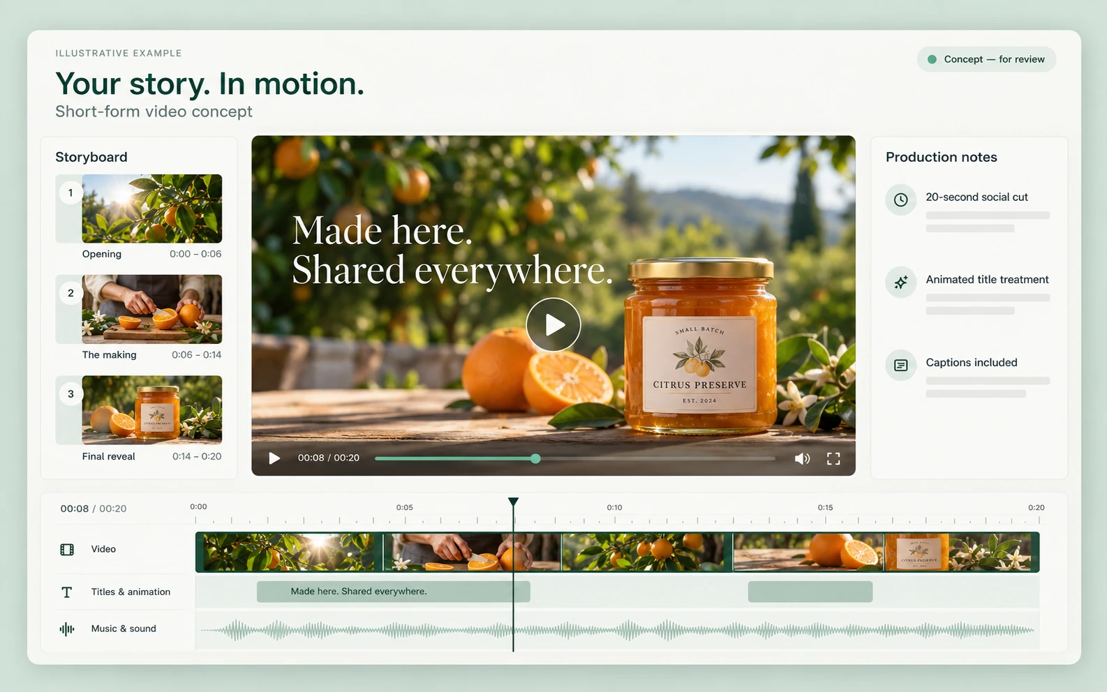 Concept video production screen with a product preview, storyboard and editing timeline.
