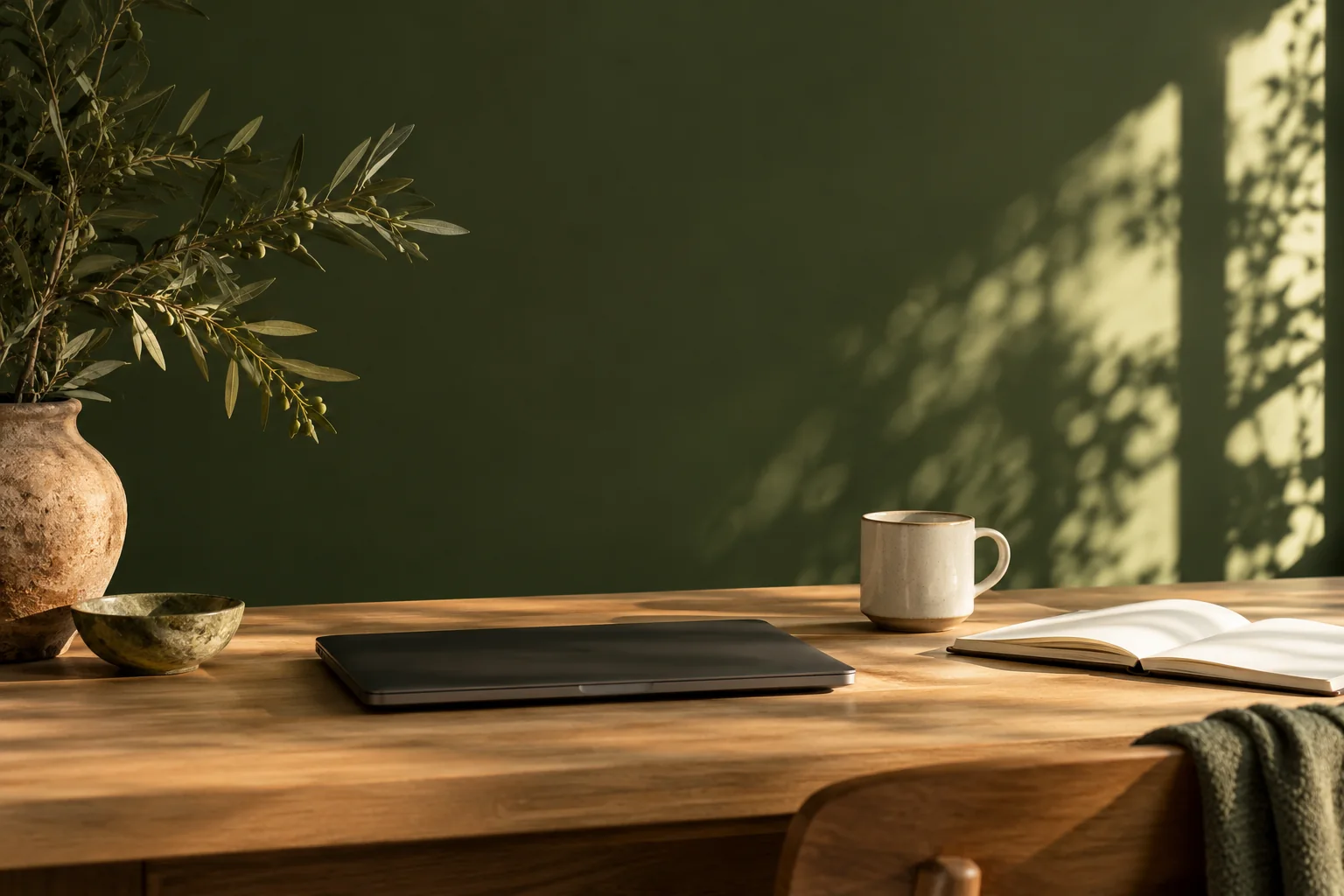 A calm business workspace with a laptop, notebook and coffee in natural light